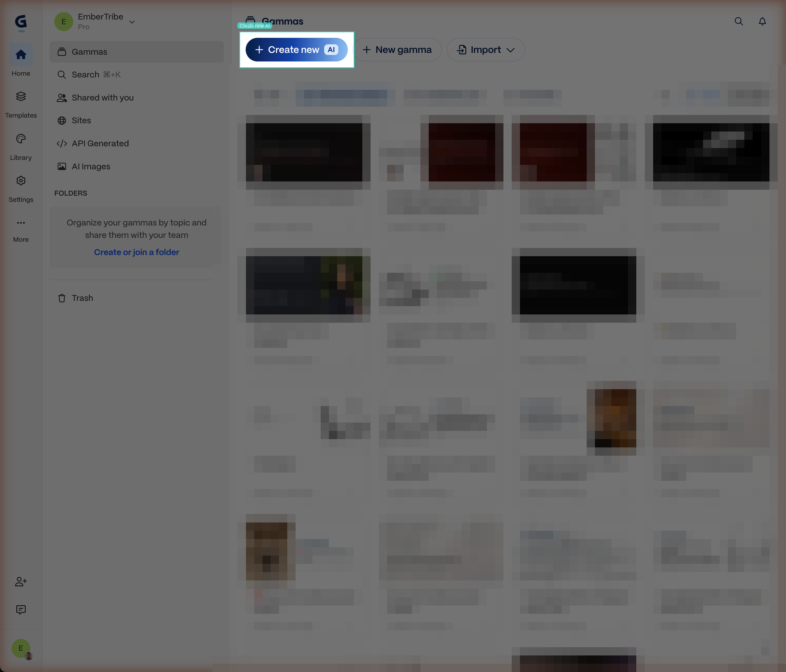 Gamma dashboard showing the Create new AI button