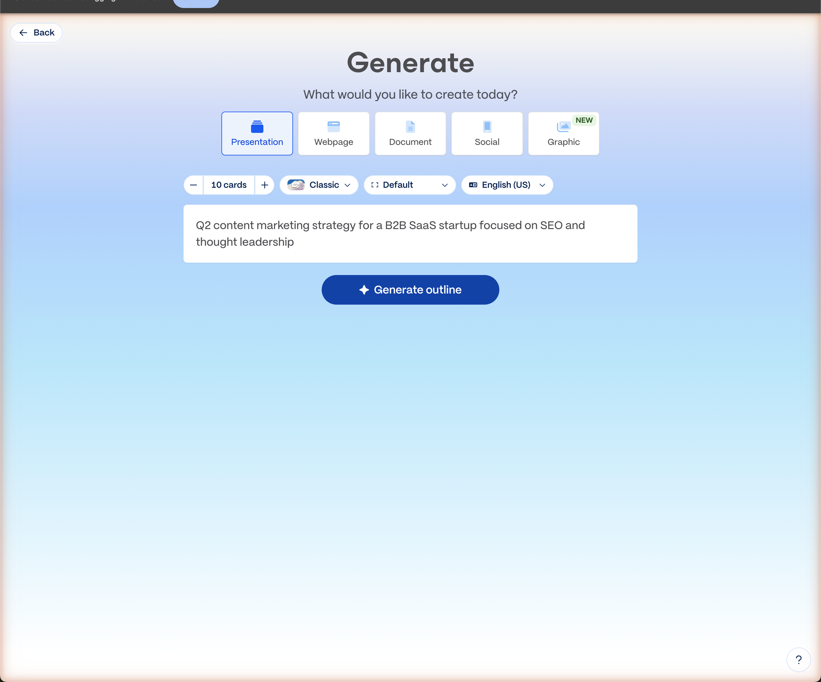 Gamma AI prompt input where you describe your presentation topic