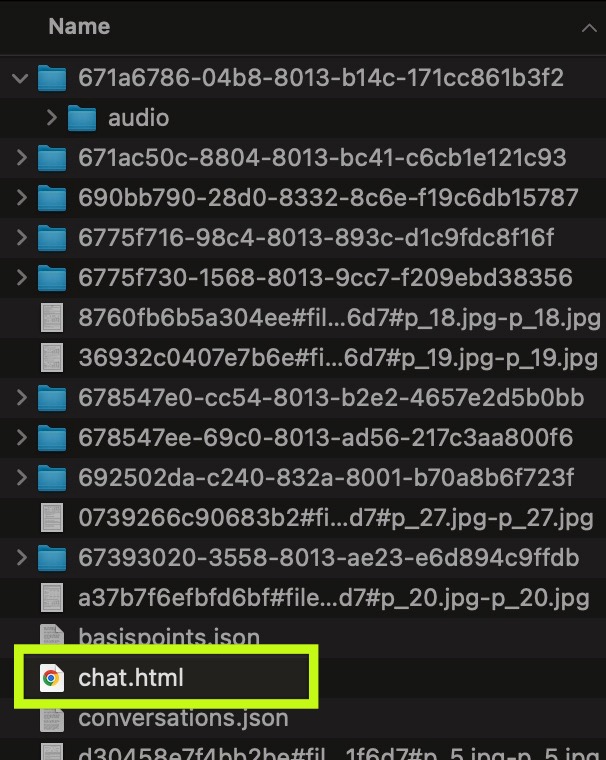 Finder window showing the exported ChatGPT folder contents with chat.html highlighted