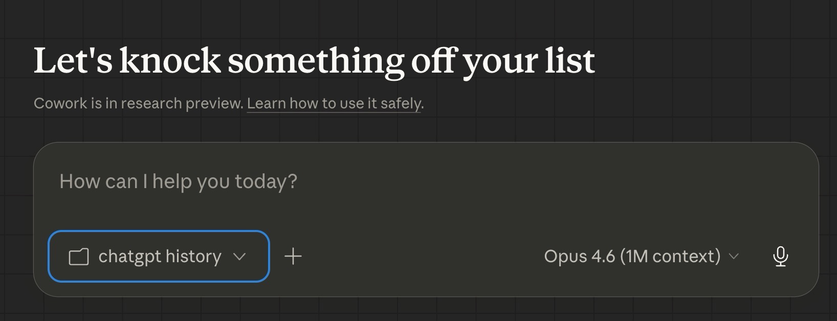 Claude Cowork interface with the ChatGPT history folder loaded as context