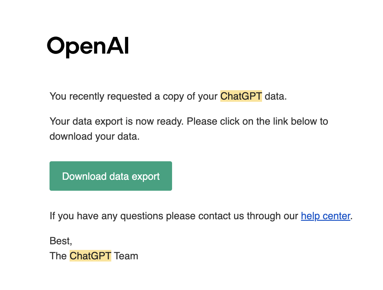 OpenAI email confirming your ChatGPT data export is ready to download