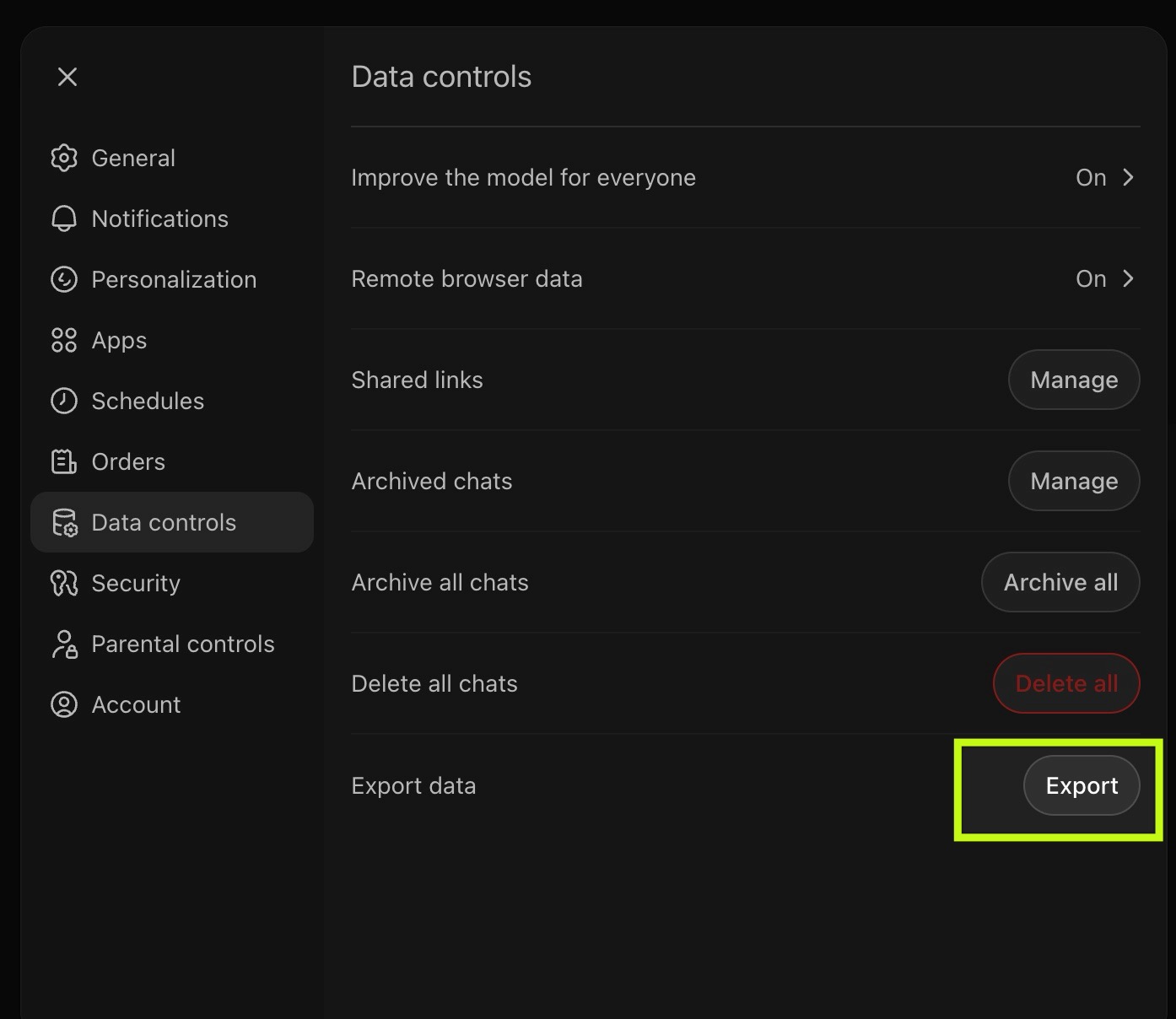 ChatGPT Settings showing Data Controls with the Export button highlighted