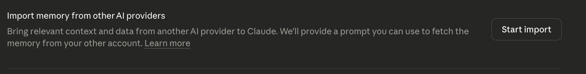 Claude's Import memory from other AI providers feature with Start import button