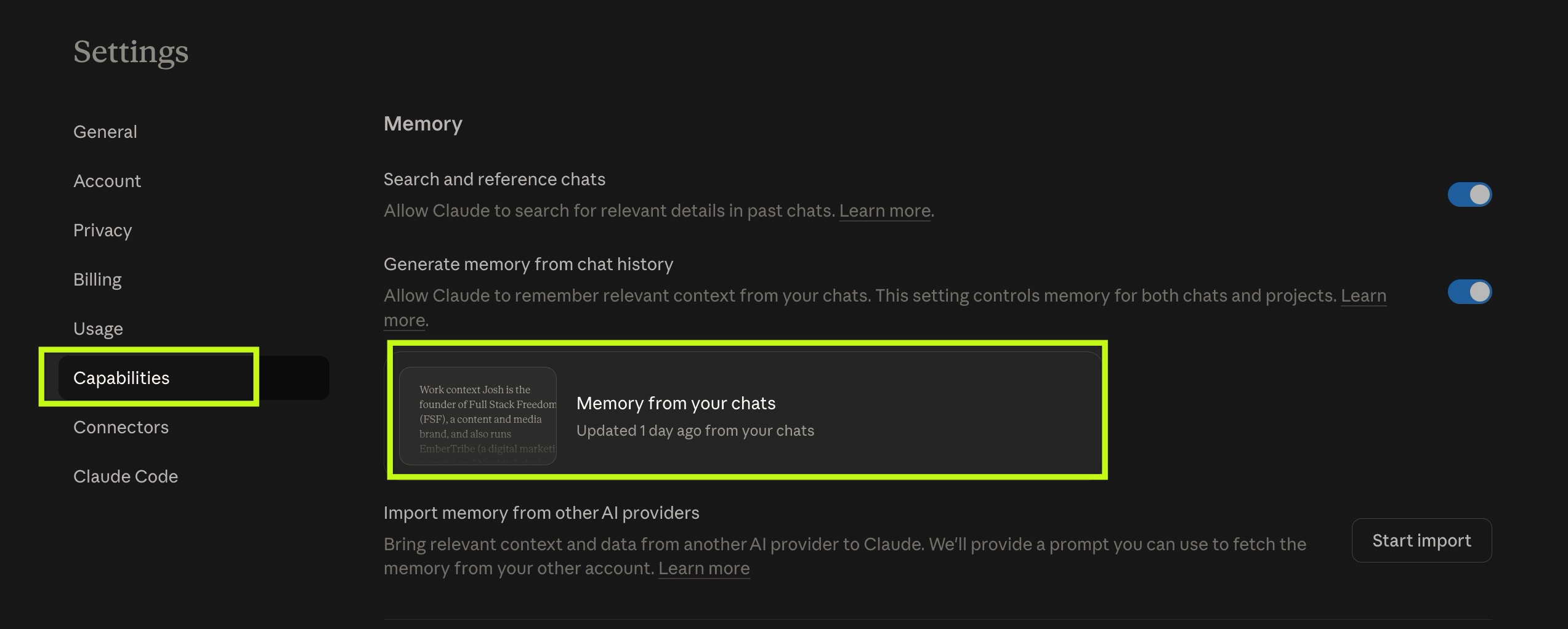 Claude Settings showing the Memory section with Memory from your chats and Import memory options